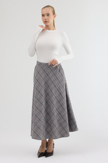 Gri-Kahve Aura Yüksek Bel A-Kesim Ekose Midi Etek