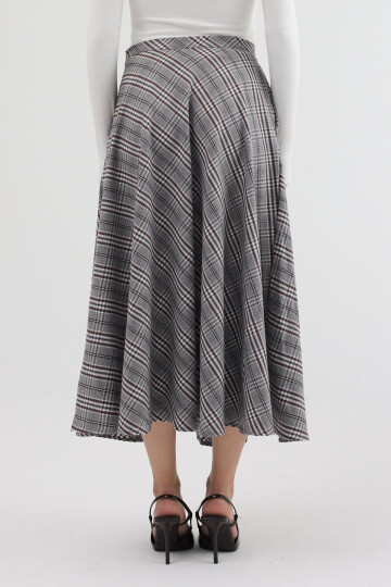 Gri-Kahve Aura Yüksek Bel A-Kesim Ekose Midi Etek