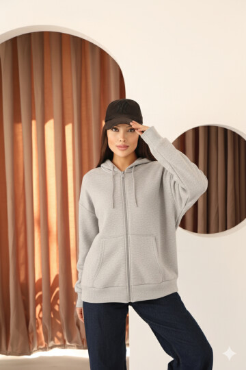 Gri Oversize İçi Polar ve Fermuar Detaylı Kapüşonlu Kadın Sweatshirt