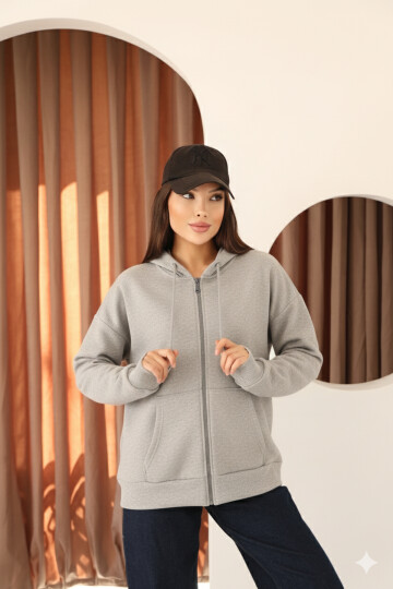 Gri Oversize İçi Polar ve Fermuar Detaylı Kapüşonlu Kadın Sweatshirt