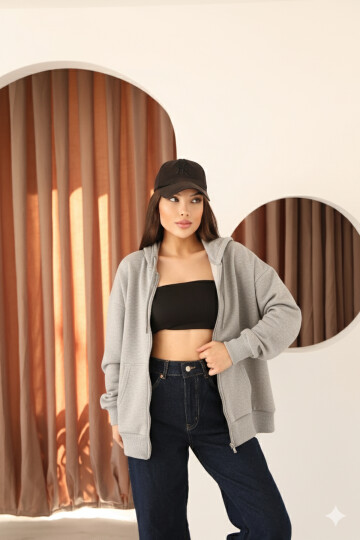 Gri Oversize İçi Polar ve Fermuar Detaylı Kapüşonlu Kadın Sweatshirt