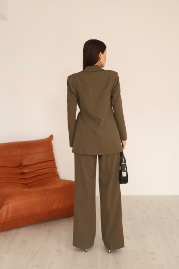 Haki Önü Bağlamalı ve Cep Detaylı Blazer ve Yüksek Bel Pantolon ikili Takım