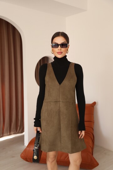 Haki Süet V Yaka Diz Üstü Panel Detaylı Kadın Elbise