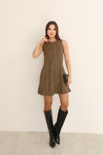 Haki Süet Yuvarlak Yaka Kolsuz  A-Kesim Diz Üstü Elbise