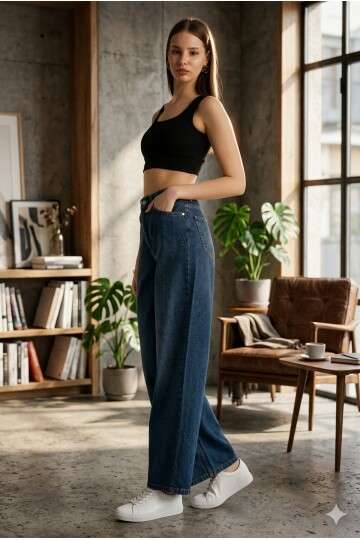 İndigo Yıkamalı Yüksek Bel Rahat Kesim Wide Leg Kot Pantolon