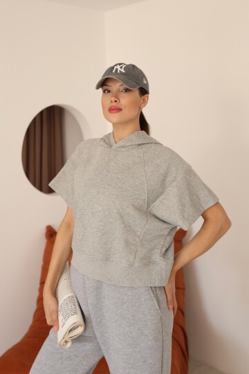 Kadın Gri Melanj Ay Kol Kapüşonlu Relaxed Kalıp Örme Crop Sweatshirt