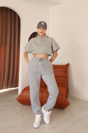 Kadın Gri Melanj Ay Kol Kapüşonlu Relaxed Kalıp Örme Crop Sweatshirt