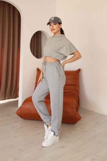 Kadın Gri Melanj Relaxed Kalıp Paça ve Bel Lastik Detaylı Eşofman Altı