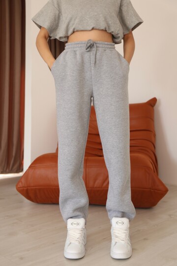 Kadın Gri Melanj Relaxed Kalıp Paça ve Bel Lastik Detaylı Eşofman Altı
