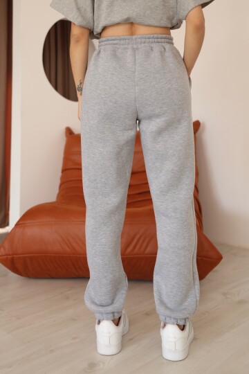 Kadın Gri Melanj Relaxed Kalıp Paça ve Bel Lastik Detaylı Eşofman Altı