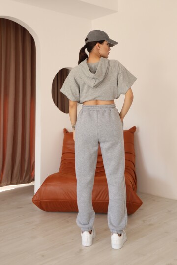 Kadın Gri Melanj Relaxed Kalıp Paça ve Bel Lastik Detaylı Eşofman Altı