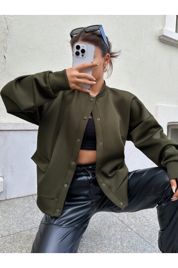 Kadın Haki Cep Detaylı ve Çıtçıt Detaylı Scuba Örme Ceket