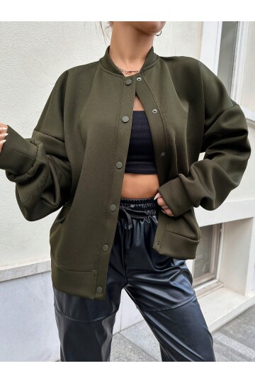 Kadın Haki Cep Detaylı ve Çıtçıt Detaylı Scuba Örme Ceket