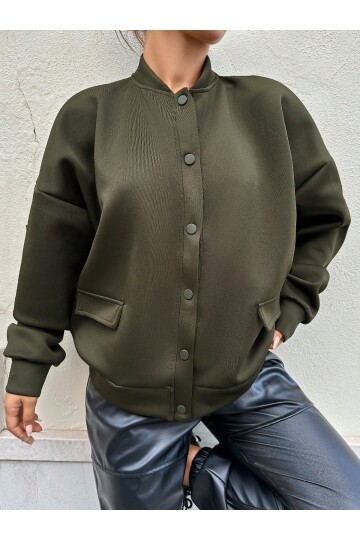 Kadın Haki Cep Detaylı ve Çıtçıt Detaylı Scuba Örme Ceket