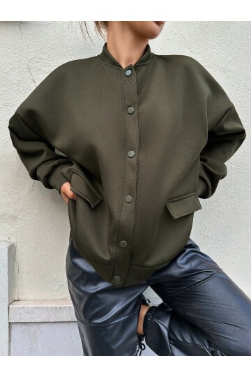 Kadın Haki Cep Detaylı ve Çıtçıt Detaylı Scuba Örme Ceket