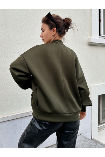 Kadın Haki Cep Detaylı ve Çıtçıt Detaylı Scuba Örme Ceket