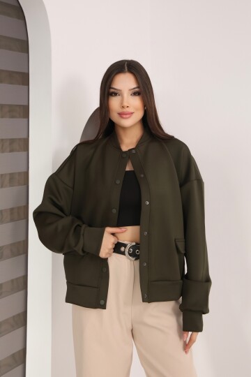 Kadın Haki Cep Detaylı ve Çıtçıt Detaylı Scuba Örme Ceket