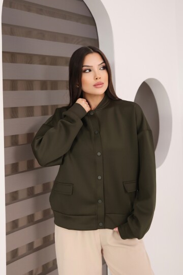Kadın Haki Cep Detaylı ve Çıtçıt Detaylı Scuba Örme Ceket