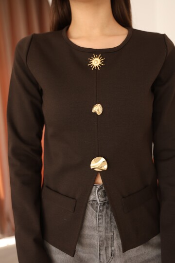 Kadın Kahverengi İnterlok Cep ve Sembolik Düğme Detaylı Kadın Kışlık/Mevsimlik Bluz