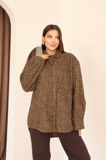 Kadın Kahverengi Leopar Desenli Düğme Detaylı Gömlek Yaka Oversize Ceket