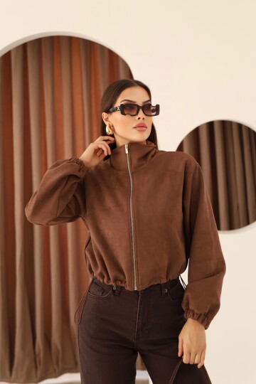 Kadın Kahverengi Süet  Dik Yaka Fermuar ve Etek Ucu Stoper Detaylı Ceket