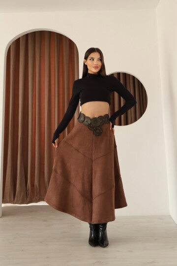 Kadın Kahverengi Süet Volanlı A Kesim Etek
