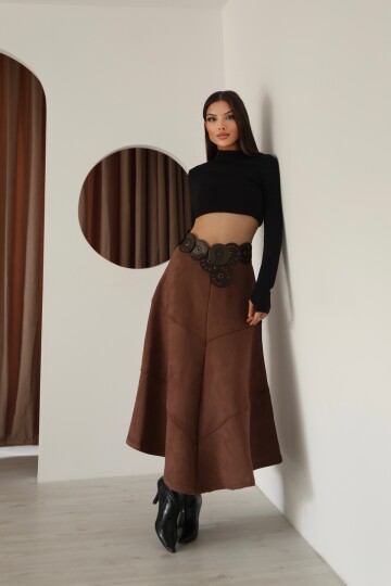 Kadın Kahverengi Süet Volanlı A Kesim Etek