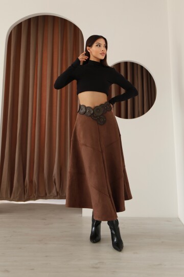 Kadın Kahverengi Süet Volanlı A Kesim Etek