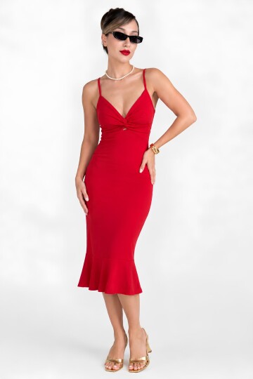Kadın Kırmızı Bodycon Midi Elbise | İnce Askılı V Yaka | Cut Out Dekolte Detaylı Volanlı Etek | Scuba Krep Örme Kumaş | Vücuda Oturan Şık Davet Gece Ö