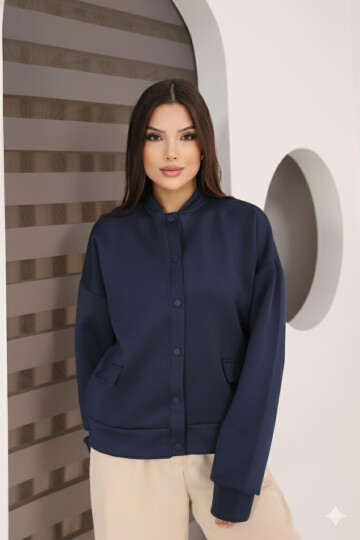 Kadın Lacivert Cep Detaylı ve Çıtçıt Detaylı Scuba Örme Ceket