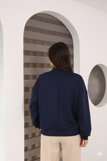 Kadın Lacivert Cep Detaylı ve Çıtçıt Detaylı Scuba Örme Ceket