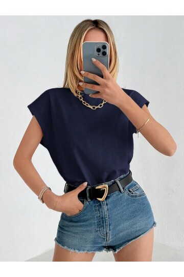 Kadın Lacivert Düşük Kol Pamuklu Örme T-Shirt