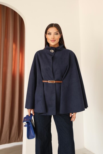 Kadın Lacivert Süet Kemer ve Yakası Düğme Detaylı Yarasa Kol Görünümlü Panço