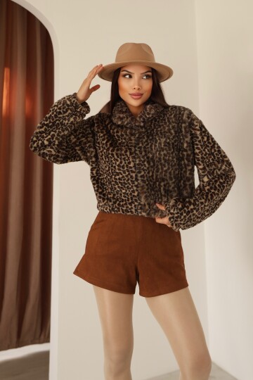 Kadın Leopar Desenli Fermuar Detaylı Crop Ceket
