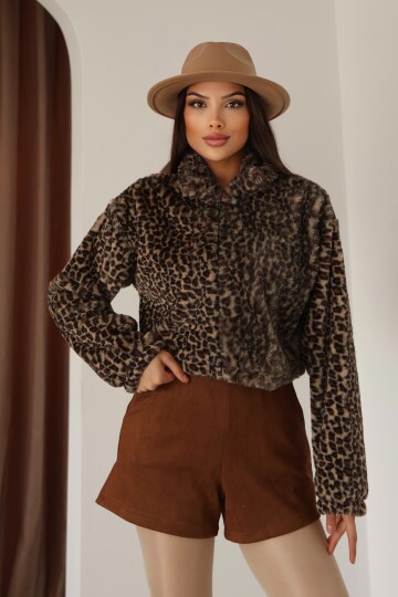 Kadın Leopar Desenli Fermuar Detaylı Crop Ceket