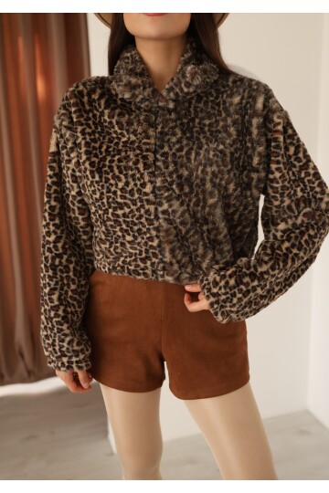 Kadın Leopar Desenli Fermuar Detaylı Crop Ceket