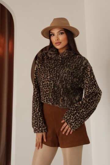 Kadın Leopar Desenli Fermuar Detaylı Crop Ceket