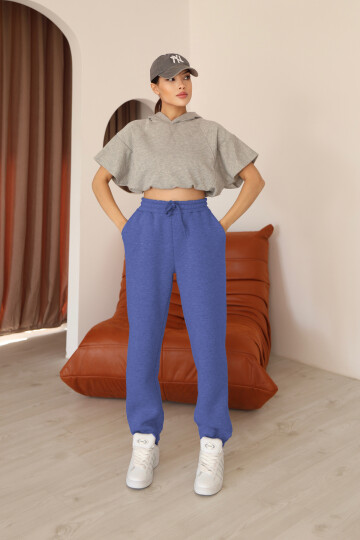 Kadın Mavi Relaxed Kalıp Paça ve Bel Lastik Detaylı Eşofman Altı