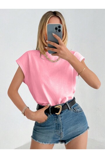 Kadın Pembe Düşük Kol Pamuklu Örme T-Shirt