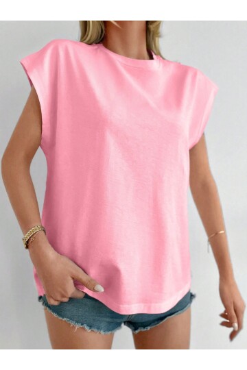 Kadın Pembe Düşük Kol Pamuklu Örme T-Shirt