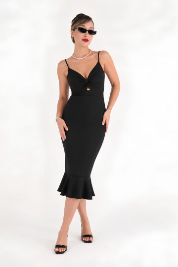 Kadın Siyah Bodycon Midi Elbise | İnce Askılı V Yaka | Cut Out Dekolte Detaylı Volanlı Etek | Scuba Krep Örme Kumaş | Vücuda Oturan Şık Davet Gece Öze