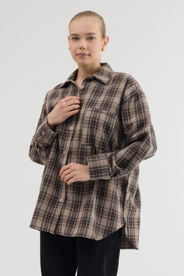 Kahve Oversize Kesim Uzun Kol Düğme ve Cep Detaylı Ekose Gömlek