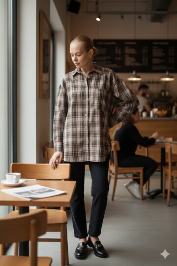 Kahve Oversize Kesim Uzun Kol Düğme ve Cep Detaylı Ekose Gömlek