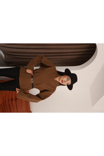 Kahverengi Kaşe Kruvaze Düşük Omuz ve Kemer Detaylı Kadın Ceket