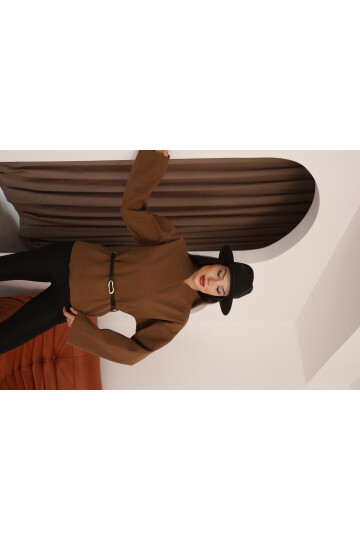 Kahverengi Kaşe Kruvaze Düşük Omuz ve Kemer Detaylı Kadın Ceket