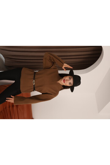 Kahverengi Kaşe Kruvaze Düşük Omuz ve Kemer Detaylı Kadın Ceket