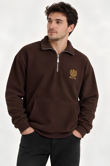 Kahverengi Oversize Geniş Kesim Dik Yaka Anti-Pilling Polar Sweatshirt | Fermuarlı Uzun Kol | Su İtici Polyester Örme Kumaş | Erkek Rahat Kalıp