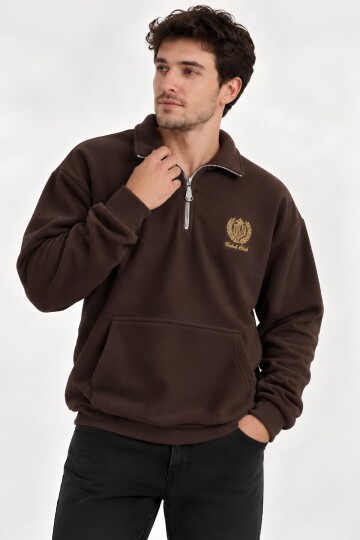 Kahverengi Oversize Geniş Kesim Dik Yaka Anti-Pilling Polar Sweatshirt | Fermuarlı Uzun Kol | Su İtici Polyester Örme Kumaş | Erkek Rahat Kalıp
