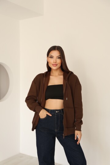 Kahverengi Oversize İçi Polar ve Fermuar Detaylı Kapüşonlu Kadın Sweatshirt