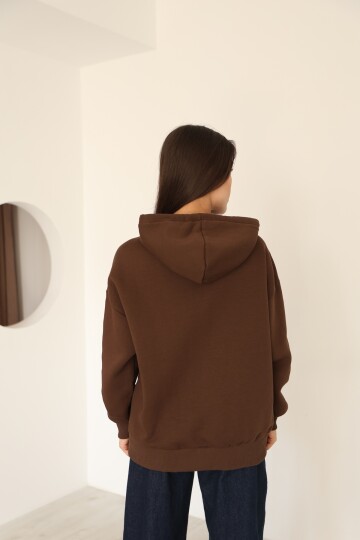 Kahverengi Oversize İçi Polar ve Fermuar Detaylı Kapüşonlu Kadın Sweatshirt